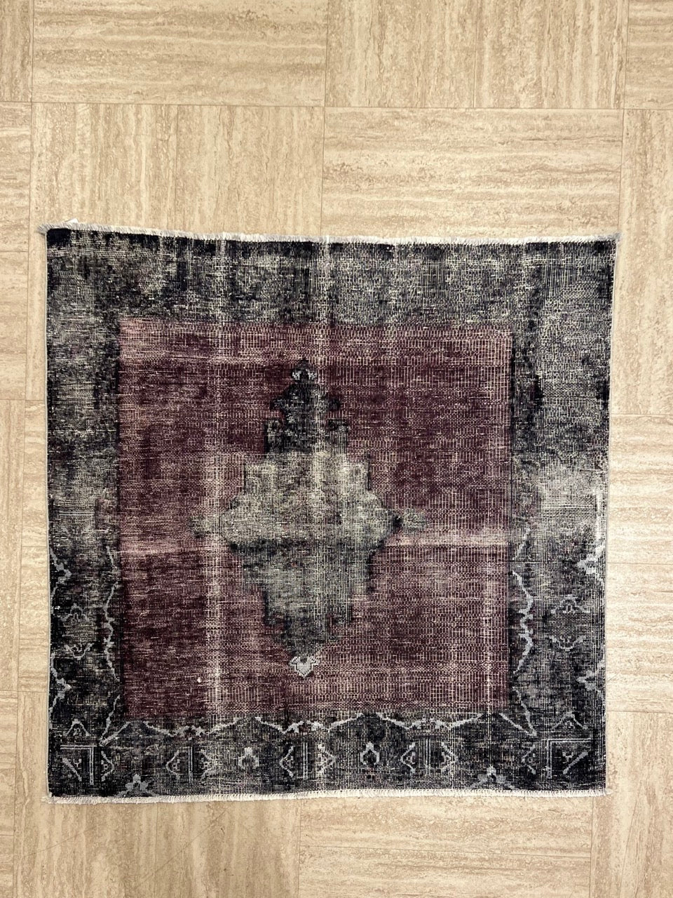 Handmade Square Rug Vintage Black And Burgundy Pakistan Wool Carpet