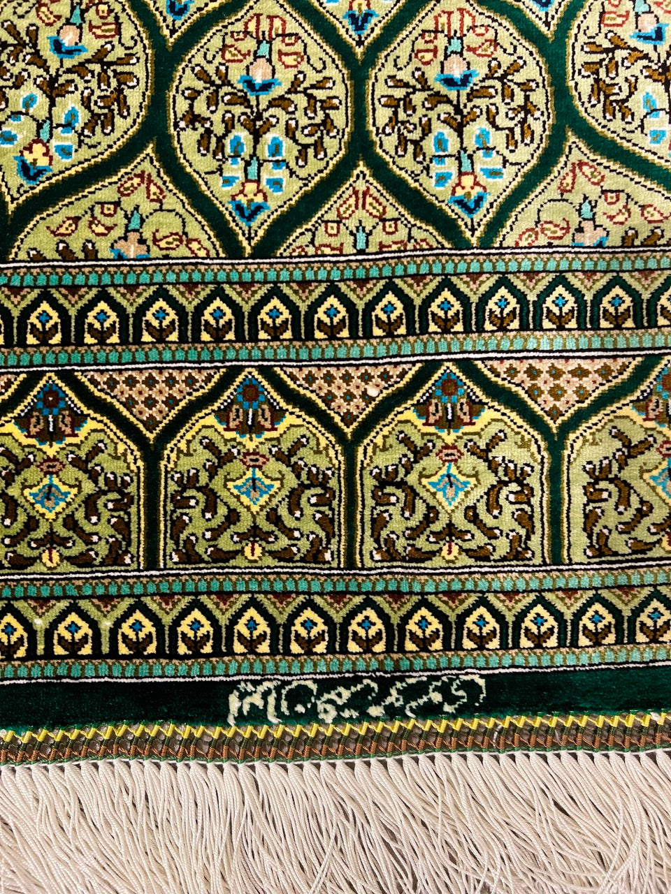 Persian Gonbad Qom Green Silk Rug
