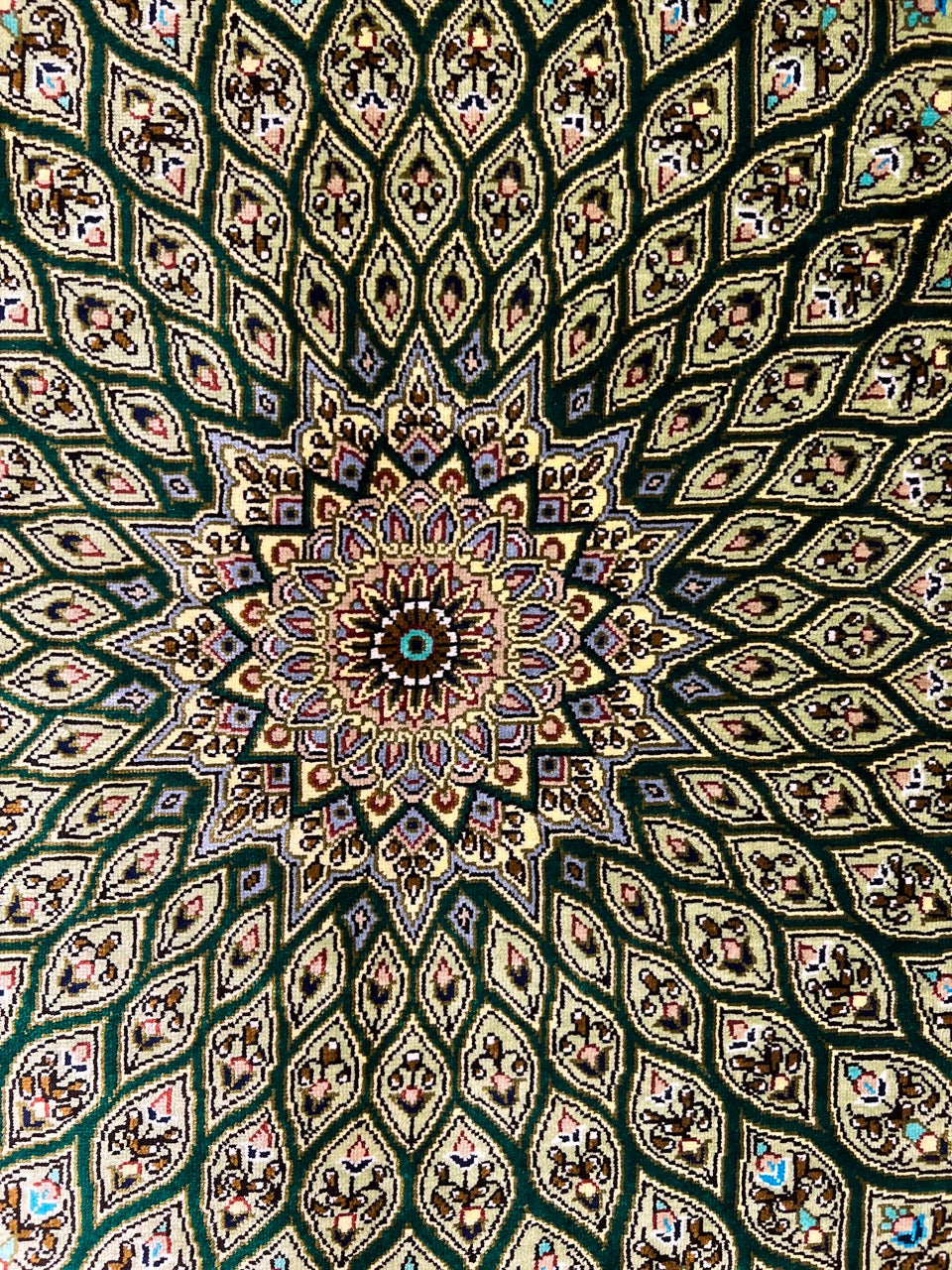 Persian Gonbad Qom Green Silk Rug