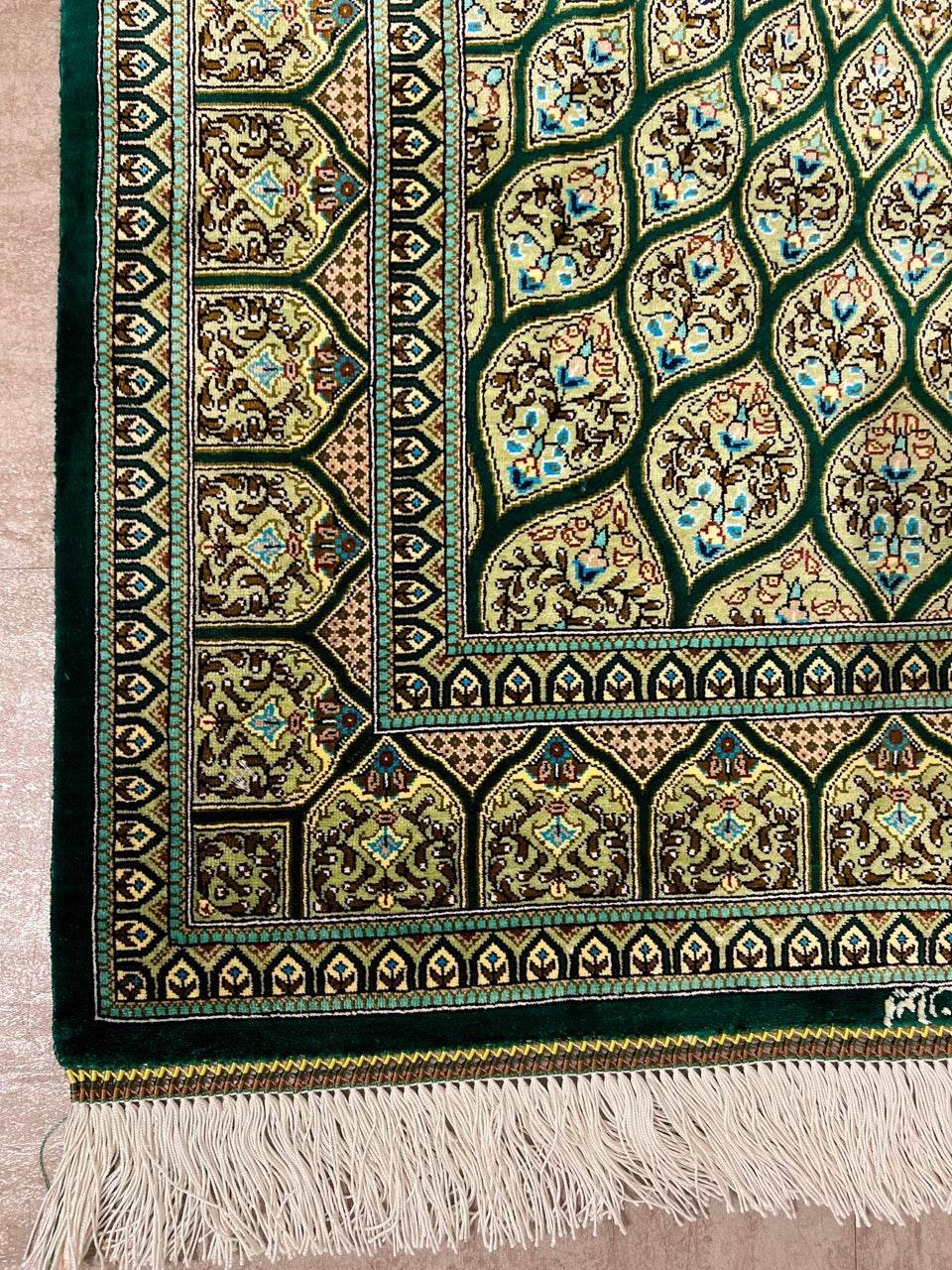 Persian Gonbad Qom Green Silk Rug