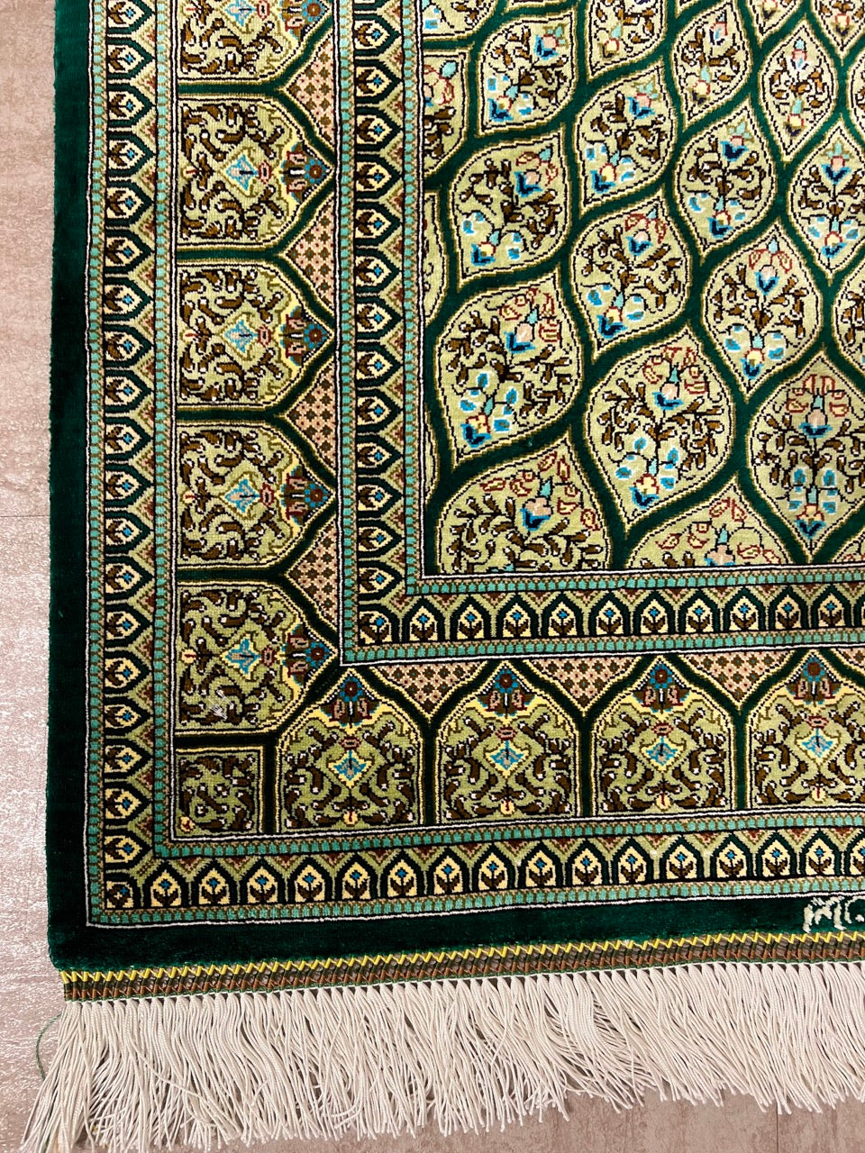 Persian Gonbad Qom Green Silk Rug product image #27562523656362