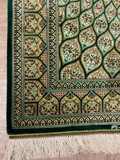 Persian Gonbad Qom Green Silk Rug-id6
