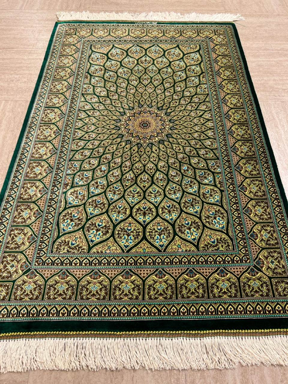 Persian Gonbad Qom Green Silk Rug