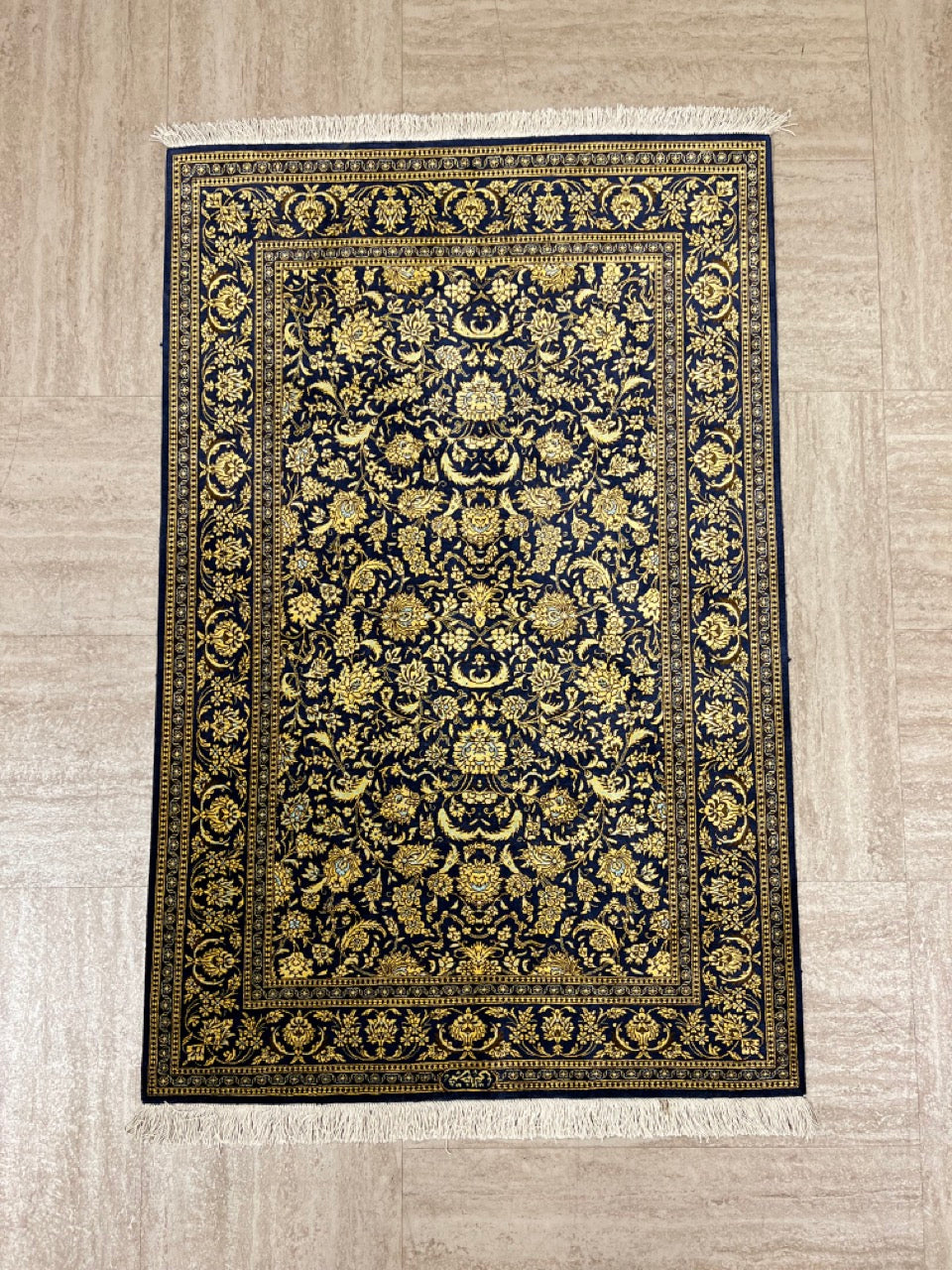 Gold Blue Hand-Woven Traditional Persian Silk Qom Rug product image #27562531422378
