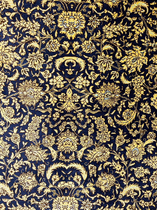 Gold Blue Hand-Woven Traditional Persian Silk Qom Rug