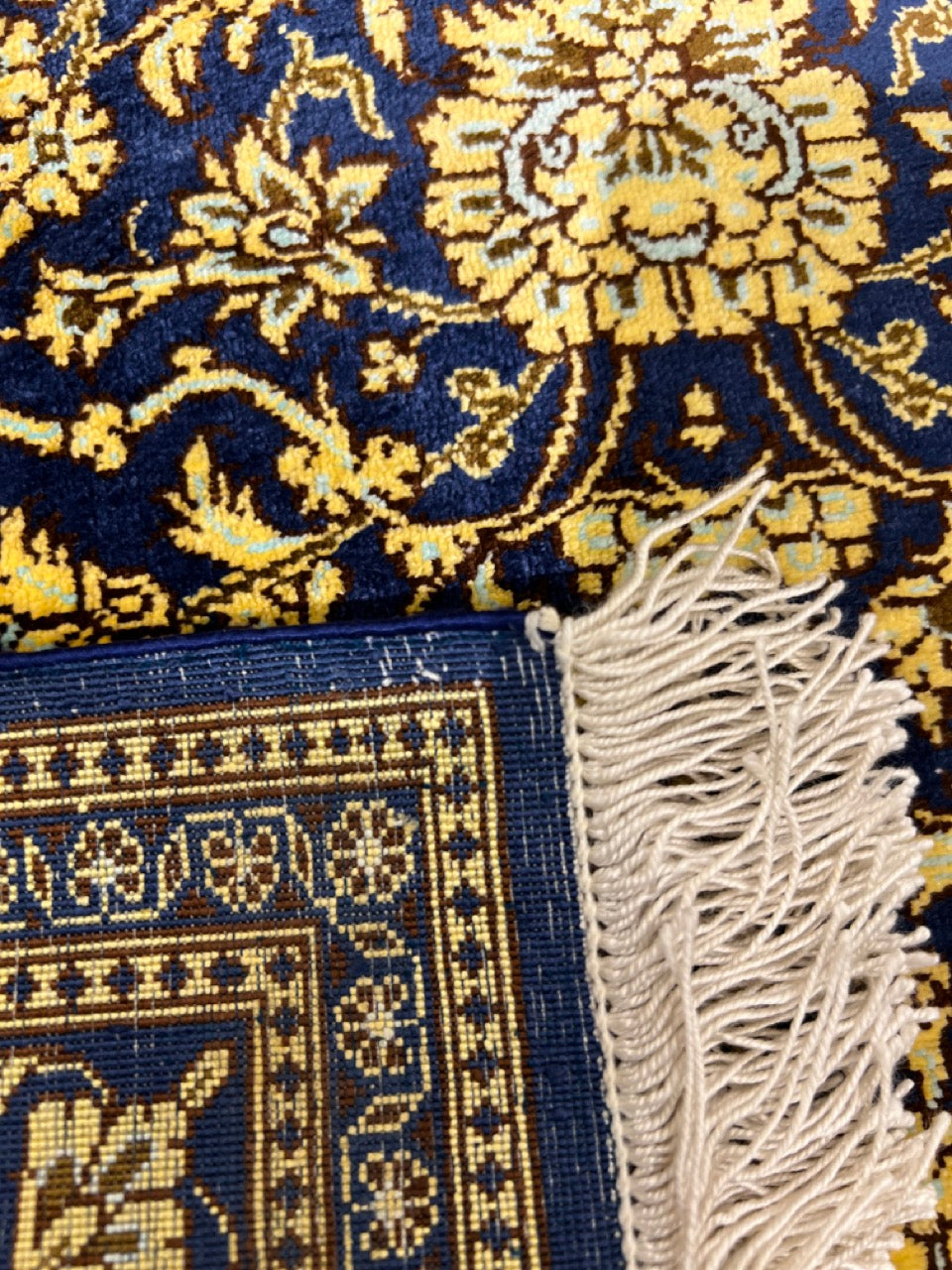 Gold Blue Hand-Woven Traditional Persian Silk Qom Rug product image #27562531291306