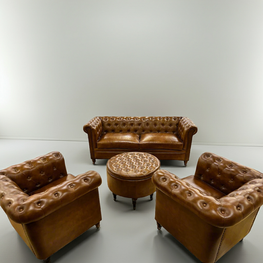 Brown Leather 4-Pieces Living Room Sofa Set