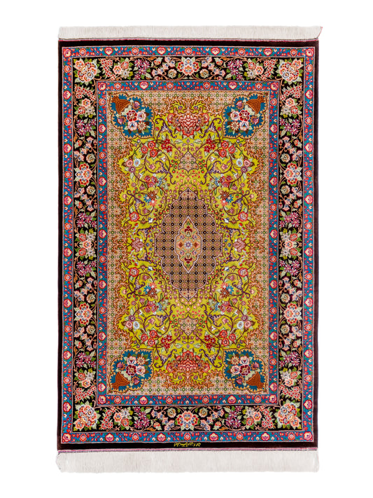 Green Authentic Handmade Persian Silk Qom Rug featured #7260014051498 