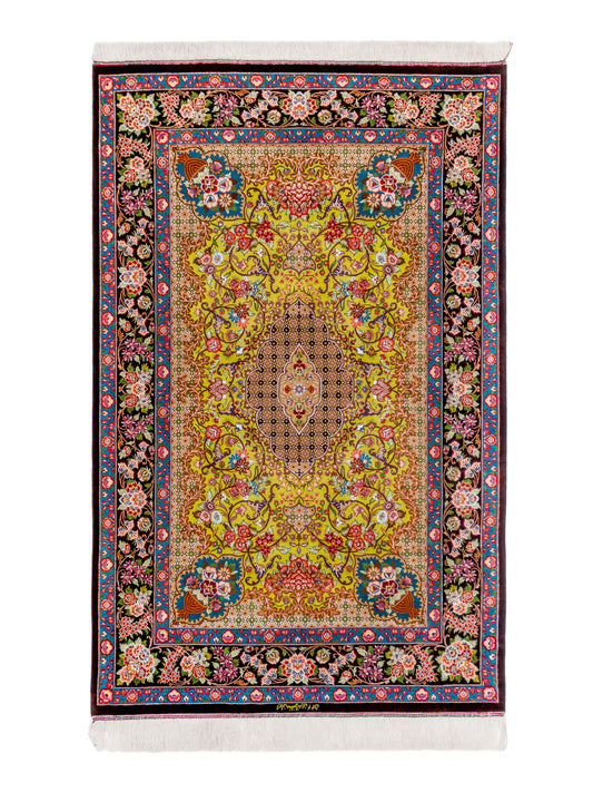Green Authentic Handmade Persian Silk Qom Rug