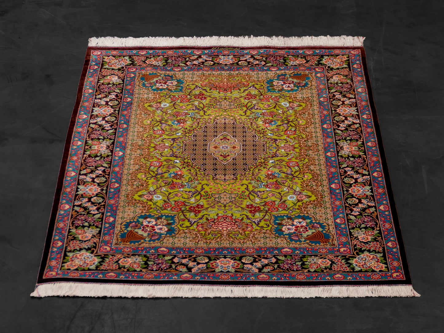 Green Authentic Handmade Persian Silk Qom Rug