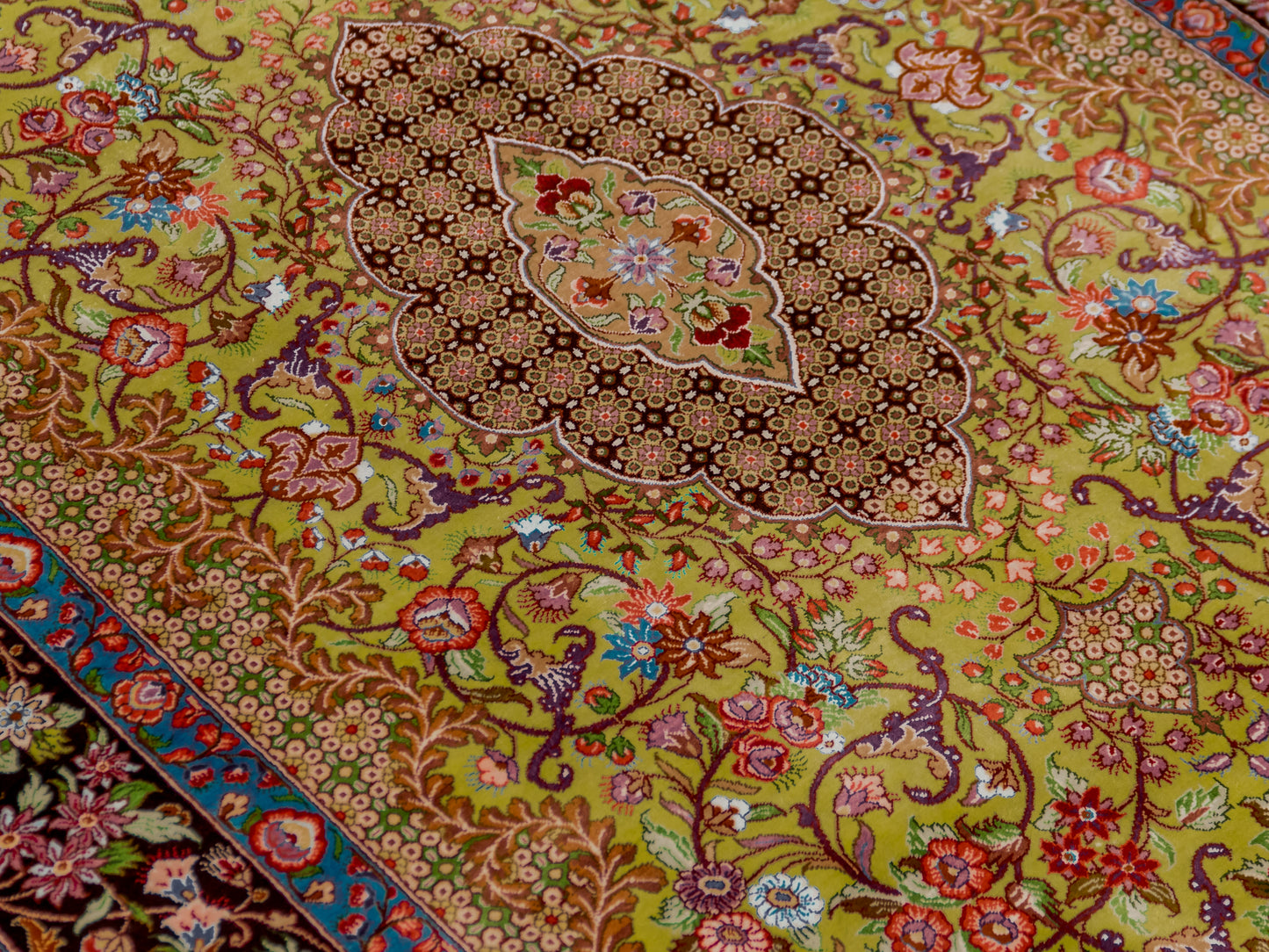 Green Authentic Handmade Persian Silk Qom Rug