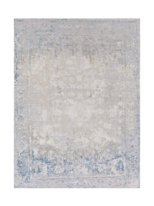 Contemporary Indian  Hand-Knotted  Ivory Blue Silk Area Rug