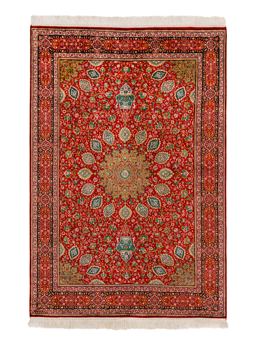Handmade Fine Pure Silk Ardebil  Carpet With Medallion featured #7616778207402 