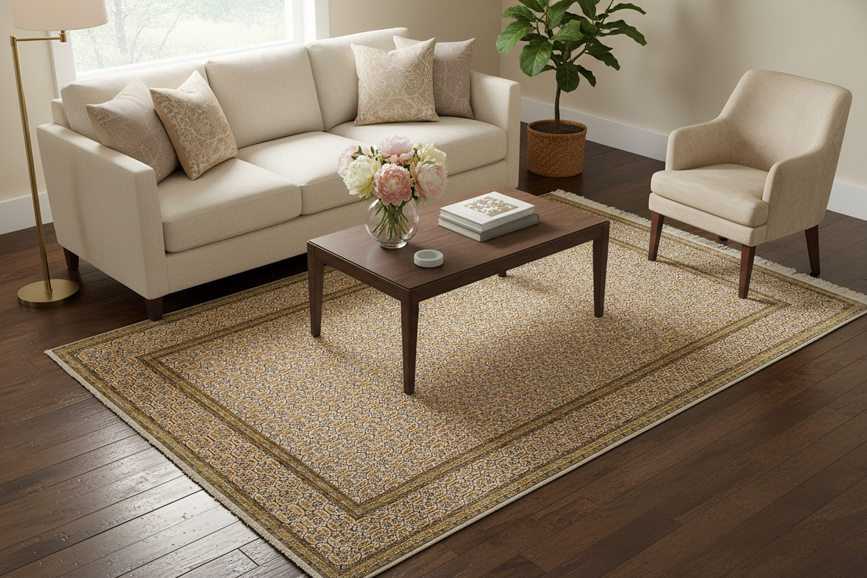 545 - Kashmir Pure Silk Area Rug Herati Seamless Brown Pattern