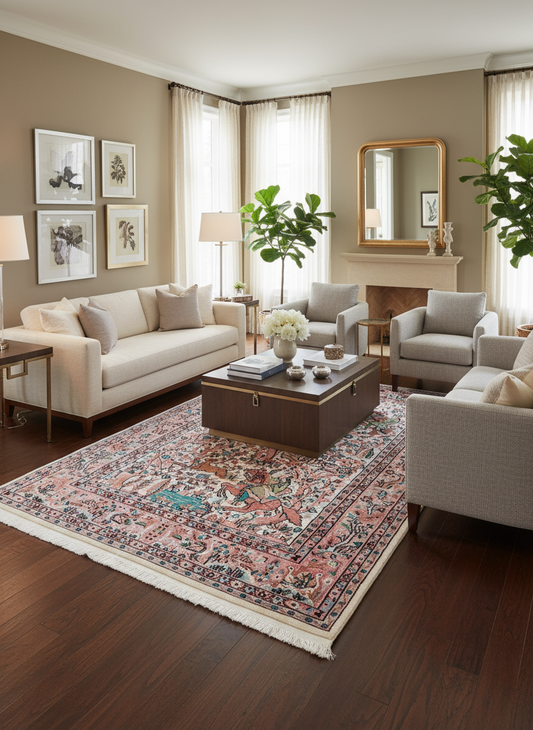 Living room with beige sofa, armchair, coffee table, and decorative elements.