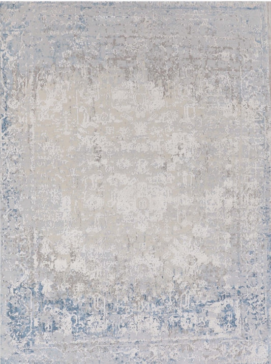 Contemporary Indian  Hand-Knotted  Ivory Blue Silk Area Rug featured #7680289210538 