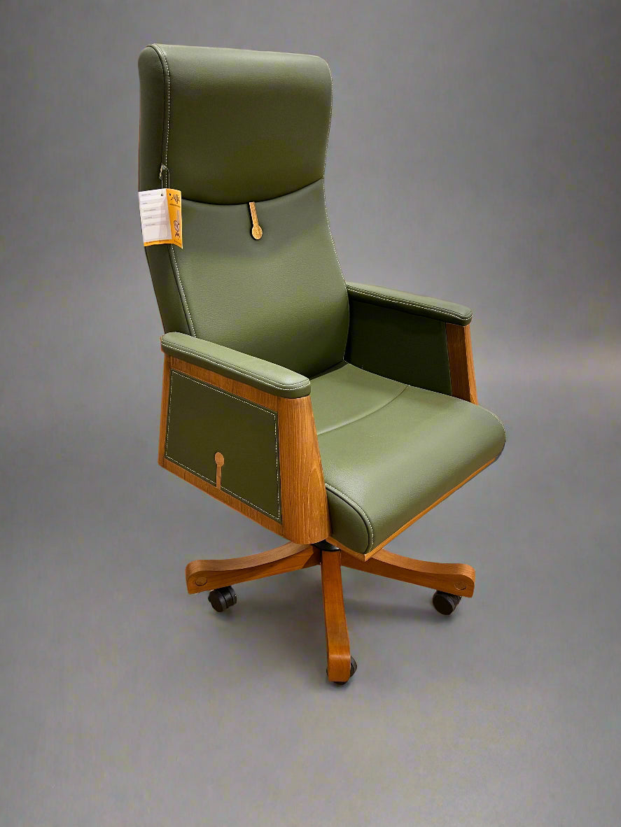 Green Leather Office Chair with Wood Features