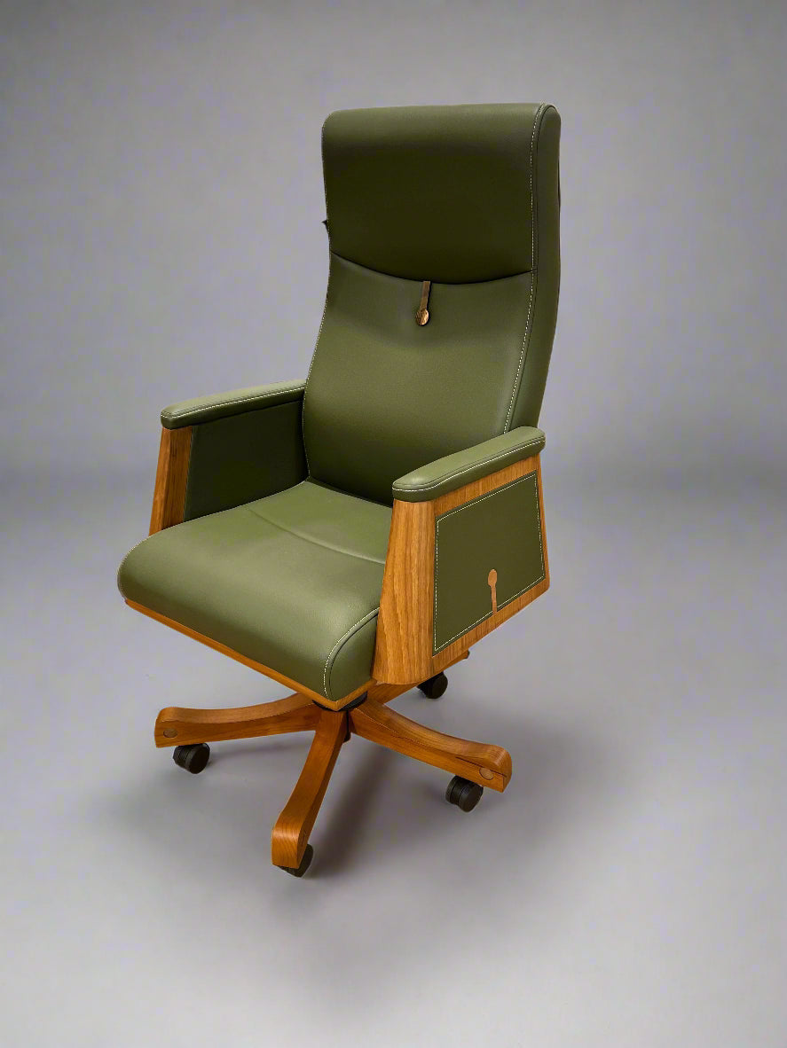 Green Leather Office Chair with Wood Features