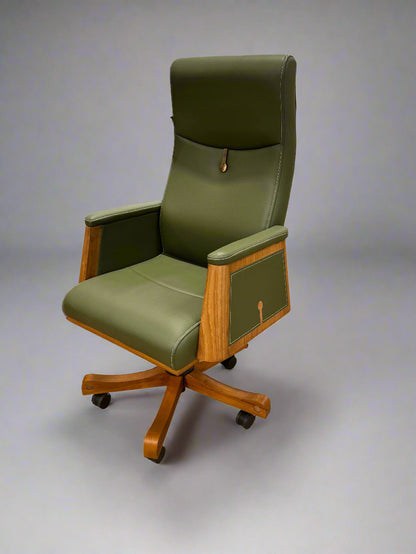 Green Leather Office Chair with Wood Features