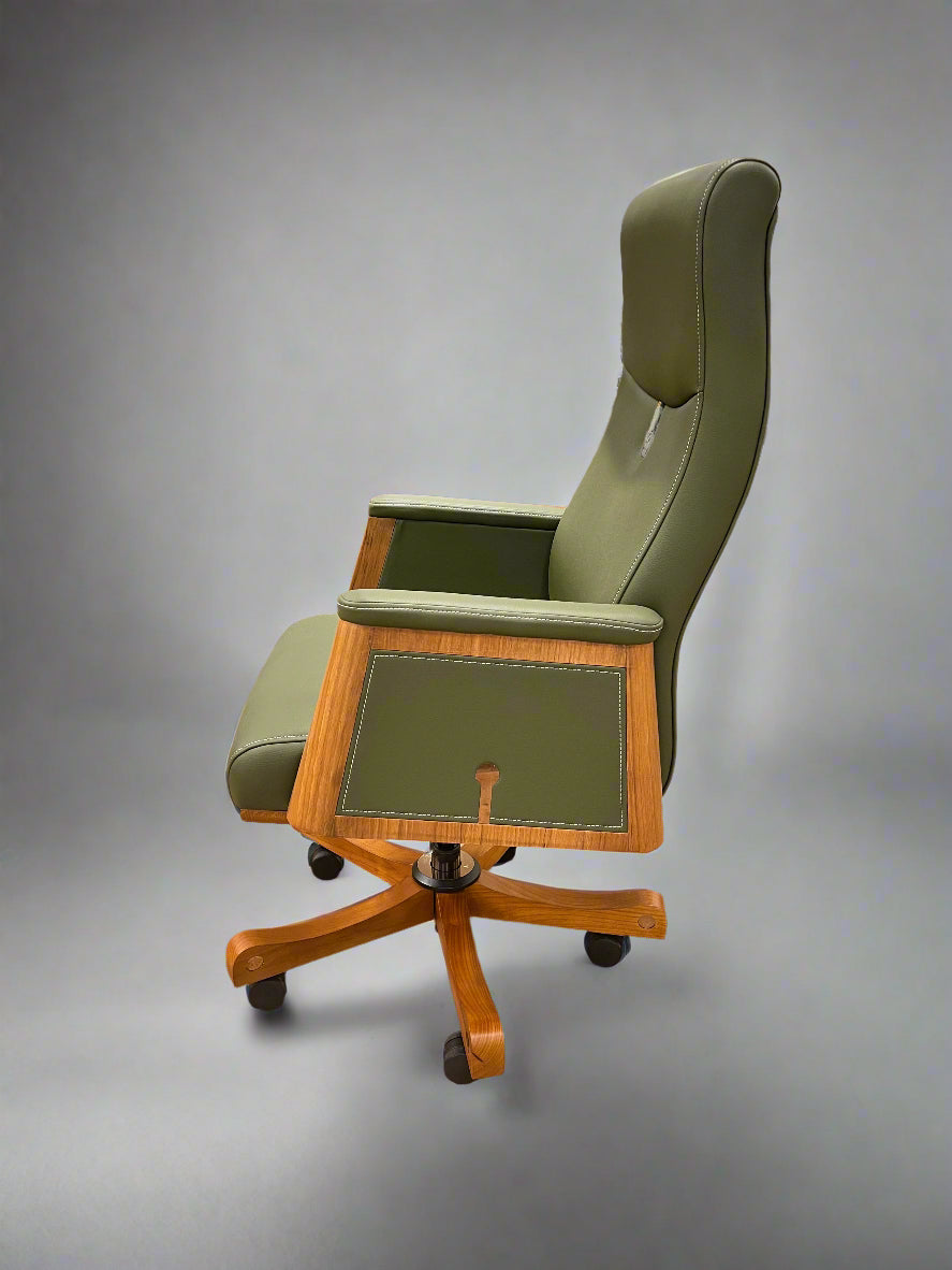 Green Leather Office Chair with Wood Features