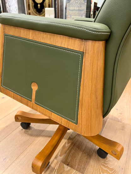 Green Leather Office Chair with Wood Features