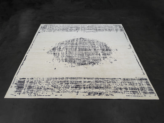 Modern Handmade Wool And Silk Abstract Moroccan Rug With Full moon Design