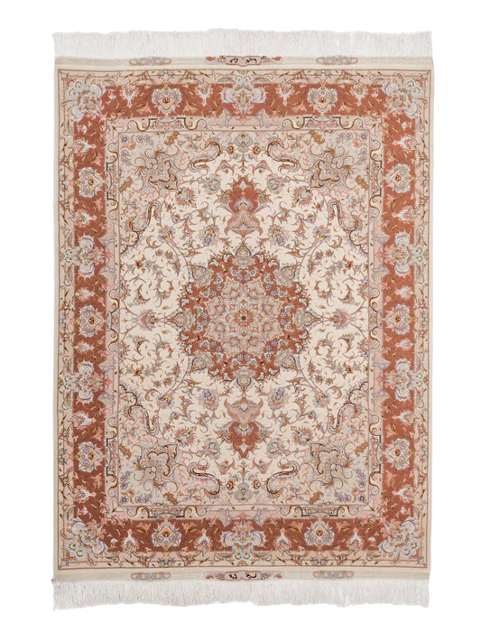 Salmon Pink Persian Tabriz Medallion Wool And Silk Rug featured #7584833601706 