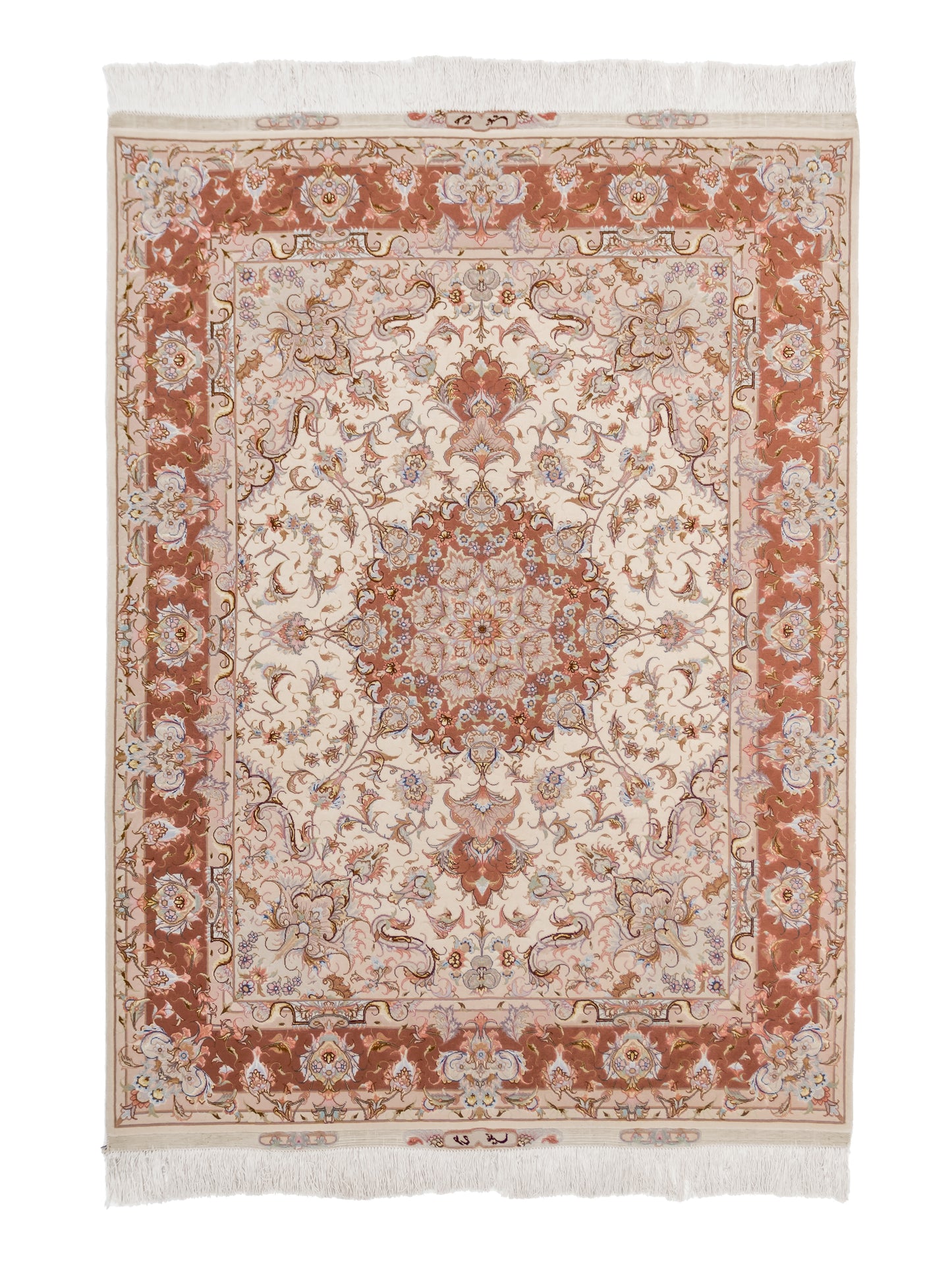 Salmon Pink Persian Tabriz Medallion Wool And Silk Rug