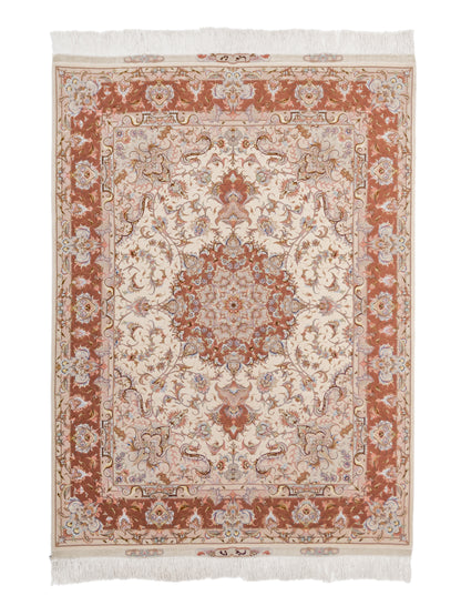 Salmon Pink Persian Tabriz Medallion Wool And Silk Rug