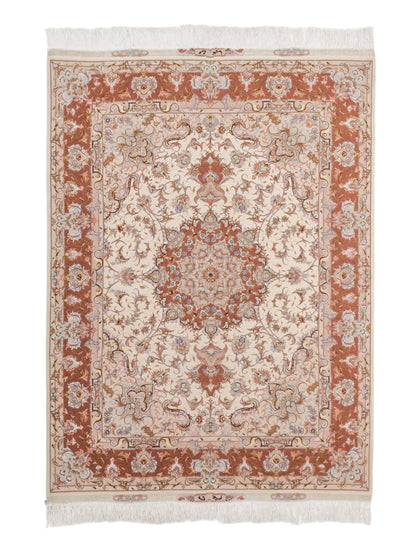 Salmon Pink Persian Tabriz Medallion Wool And Silk Rug-id1
