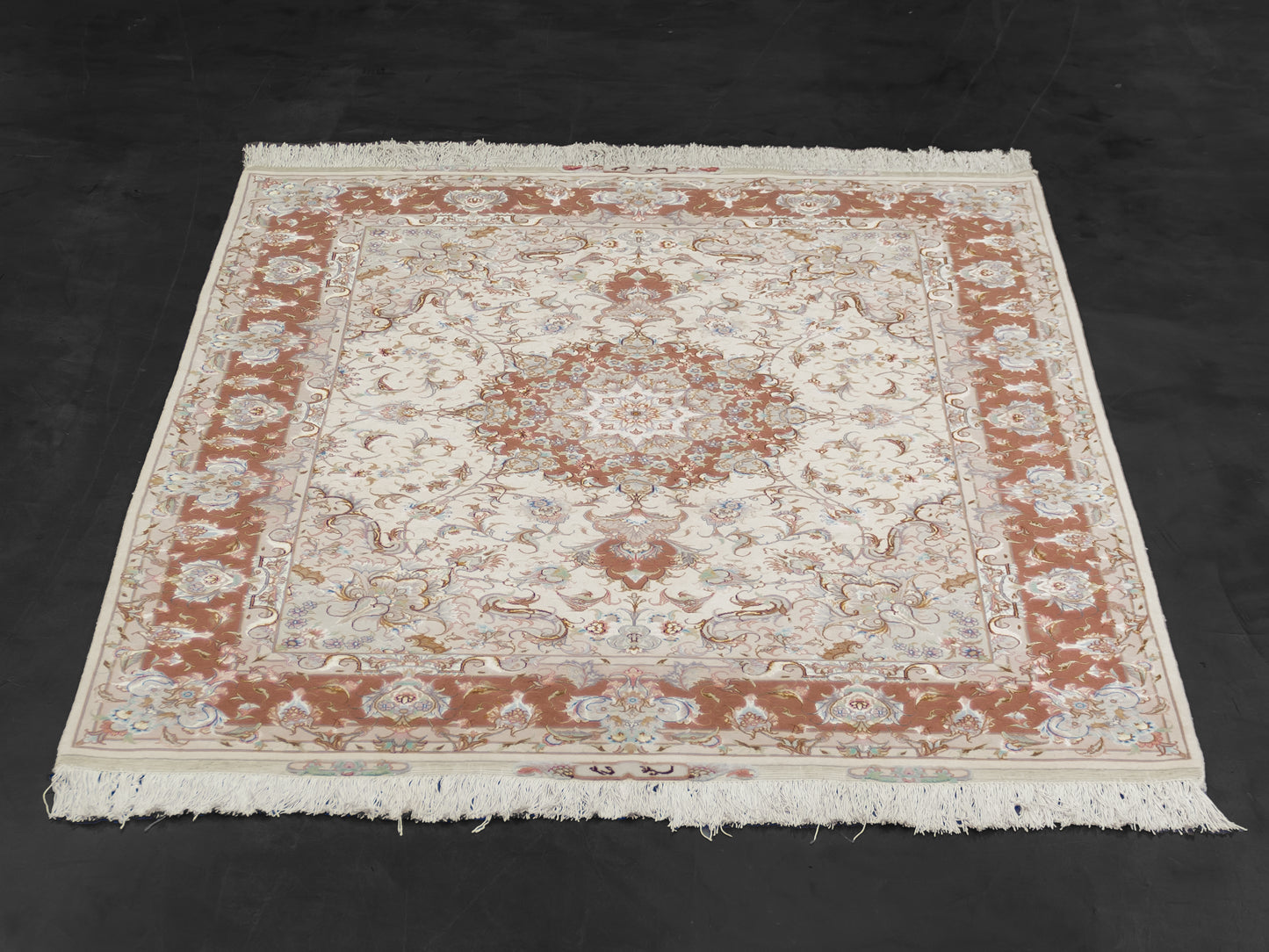 Salmon Pink Persian Tabriz Medallion Wool And Silk Rug