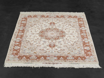 Salmon Pink Persian Tabriz Medallion Wool And Silk Rug-id2
