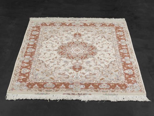 Salmon Pink Persian Tabriz Medallion Wool And Silk Rug