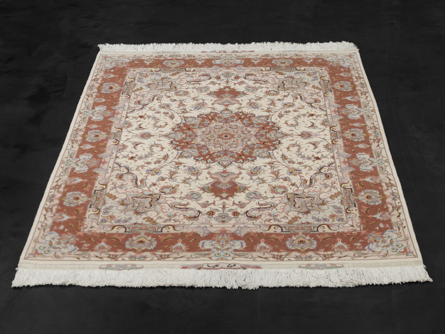 Salmon Pink Persian Tabriz Medallion Wool And Silk Rug
