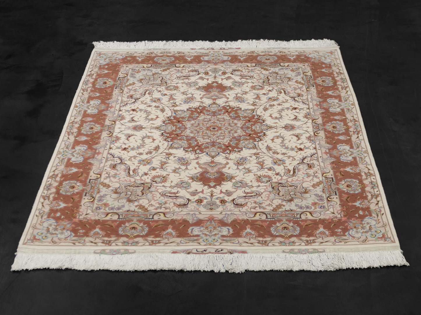 Salmon Pink Persian Tabriz Medallion Wool And Silk Rug product image #29978525401258