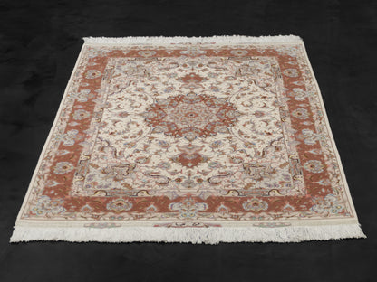 Salmon Pink Persian Tabriz Medallion Wool And Silk Rug