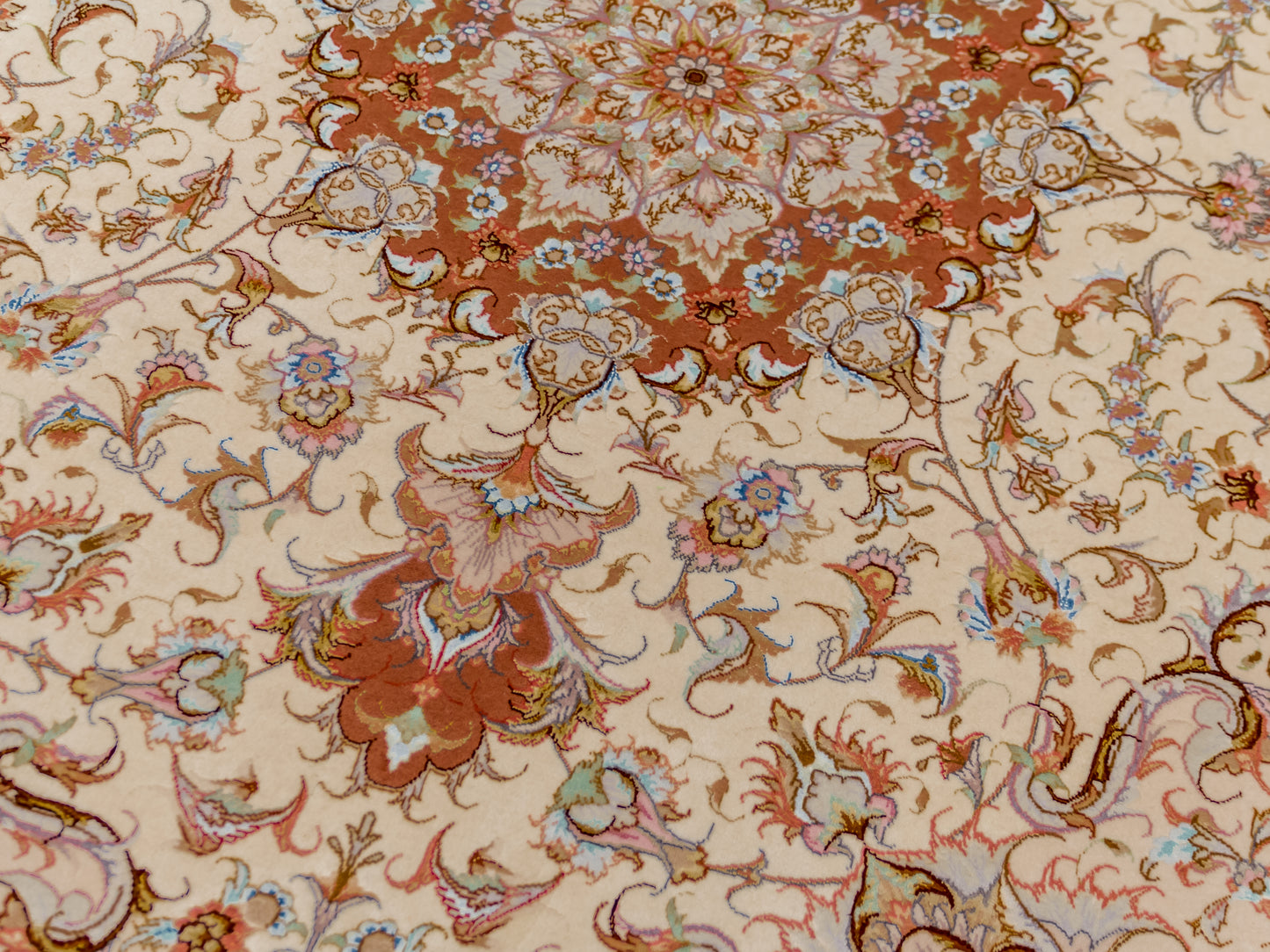 Salmon Pink Persian Tabriz Medallion Wool And Silk Rug