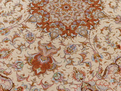 Salmon Pink Persian Tabriz Medallion Wool And Silk Rug