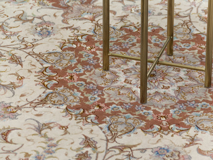 Salmon Pink Persian Tabriz Medallion Wool And Silk Rug