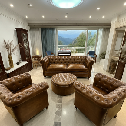 Brown Leather 4-Pieces Living Room Sofa Set