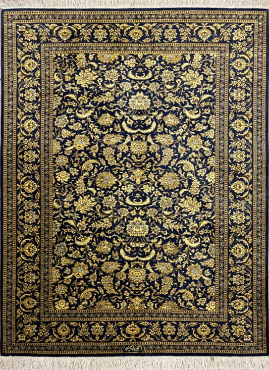 Gold Blue Hand-Woven Traditional Persian Silk Qom Rug featured #7585834139818 