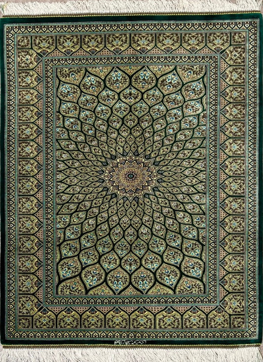 Persian Gonbad Qom Green Silk Rug featured #7585833779370 