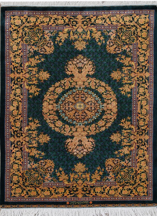 Pure Silk Traditional Persian Qom Fine Handmade Carpet featured #7616797278378 