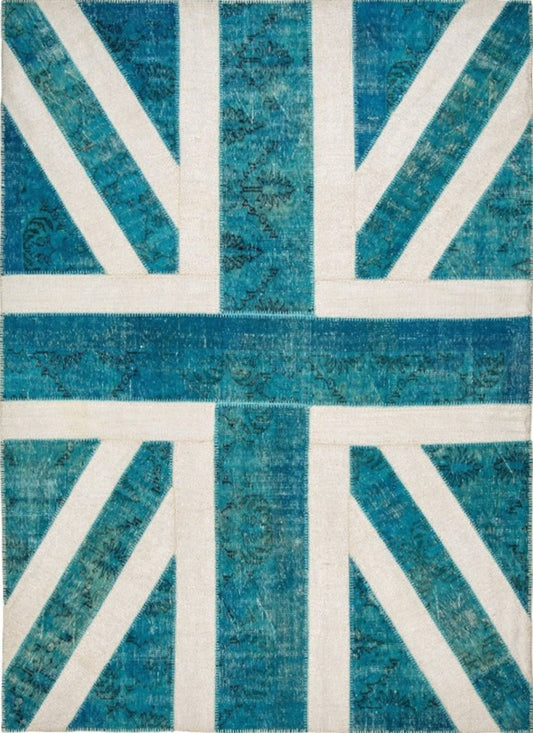 Vintage Turquoise Union Jack Turkish Area Rug
