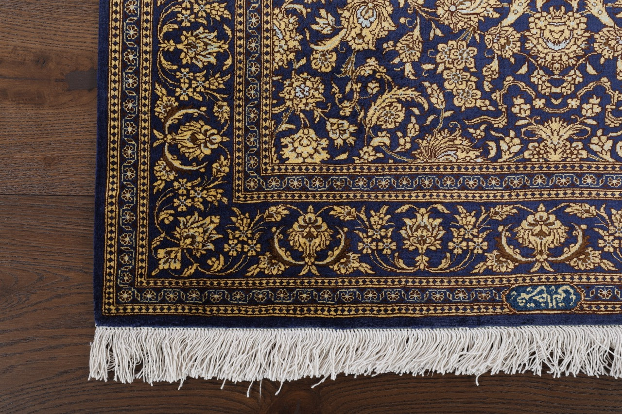 Traditional Hand-Knotted Fine Persian Qom Pure Silk Rug