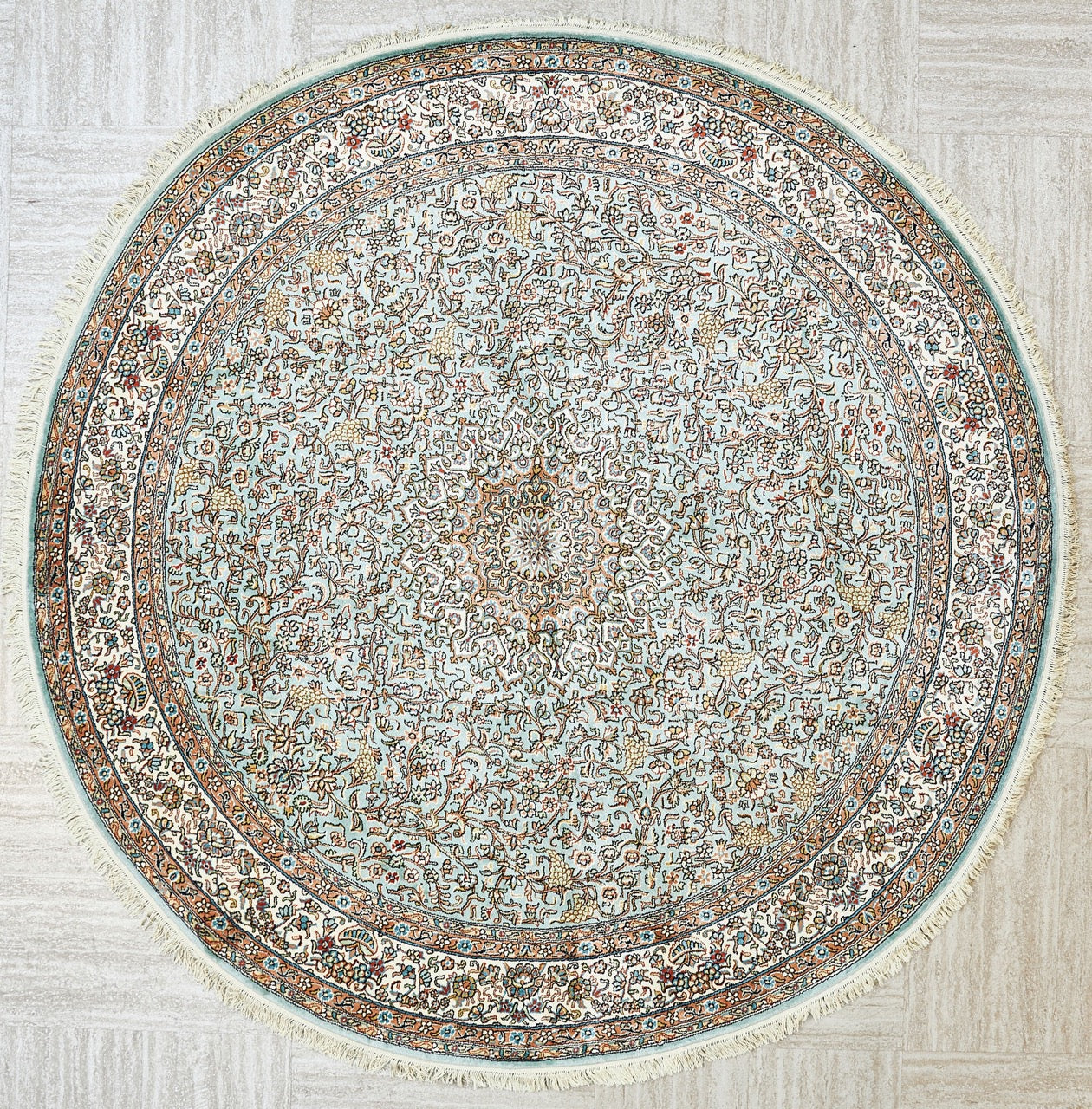 Indian Handmade Kashmir Traditional Pure Silk Round Rug