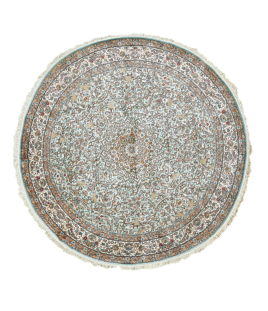 Indian Handmade Kashmir Traditional Pure Silk Round Rug