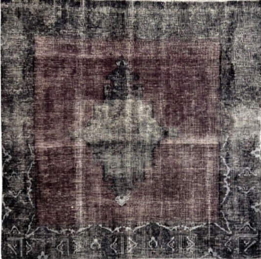 Handmade Square Rug Vintage Black And Burgundy Pakistan Wool Carpet