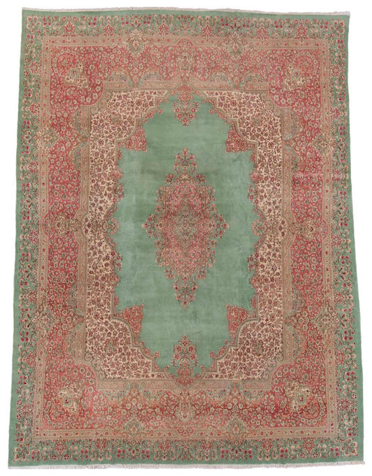 Green Pink Handmade Fine Persian Kerman Medallion Rug featured #7260013756586 