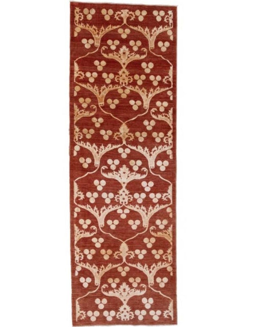 Rust Fine Pakistan Handmade Modern  Wool And Silk  Runner Rug